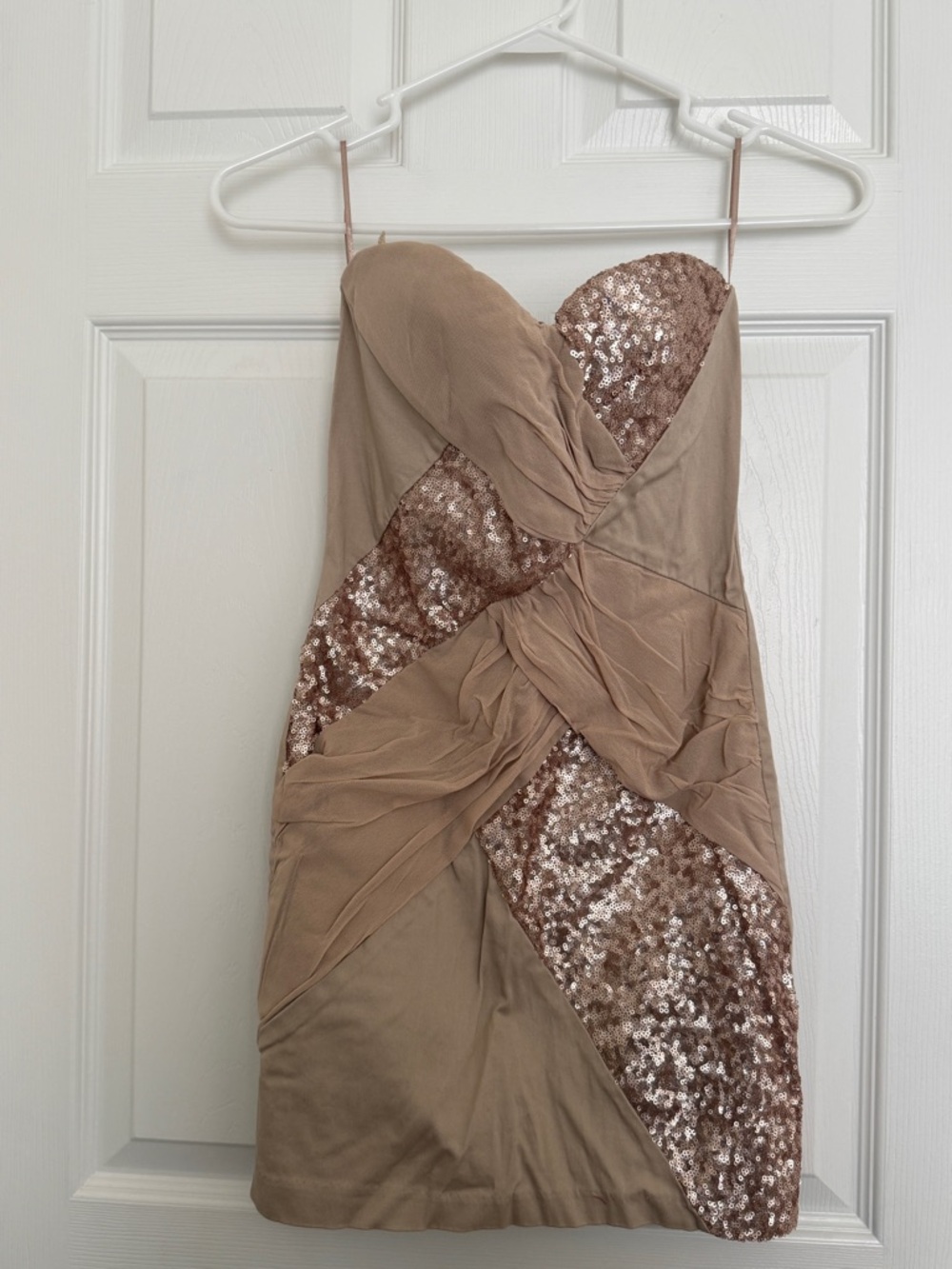 Elise Ryan Strapless Sequin-Panel Cocktail Dress in Taupe